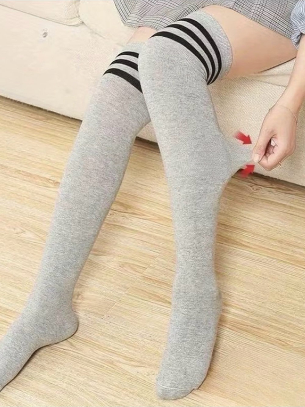 💓Gray  Thigh-High Socks💓 with White Stripes